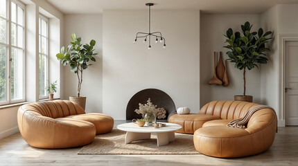 Wall Mural - a living room with a fireplace and a large potted plant