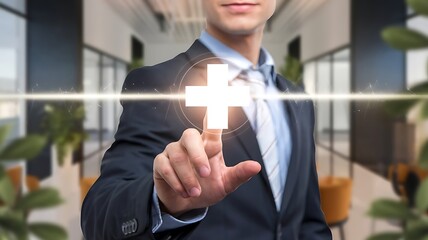 businessman pushing a button on a screen