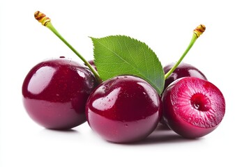 Wall Mural - Close-up of three ripe cherries and a halved cherry with a leaf.