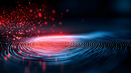 Poster - An abstract representation of sound waves and digital vibrations with red and blue hues on a dark background.