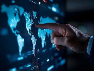 Poster - A businessman interacts with a digital world map displaying global data insights and analytics.