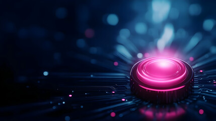 Poster - A close-up of a glowing pink button surrounded by a digital circuit background, symbolizing tech innovation.