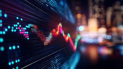 Poster - A close-up view of a digital stock market chart depicting fluctuations in data with vibrant colors against a city backdrop.