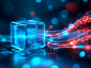 Poster - A digital ice cube surrounded by vibrant blue and red light trails, symbolizing technology and innovation.