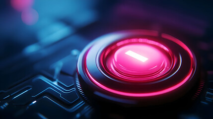 Poster - A futuristic close-up of a glowing pink button on a circuit board, symbolizing advanced technology and innovation.
