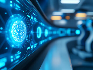 Poster - A futuristic control panel showcasing glowing interfaces and digital spheres in a modern tech environment.