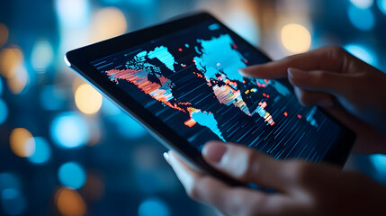 Poster - A person interacting with a tablet displaying a world map and data visualization on a bright background.