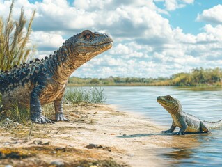 Wall Mural - Two prehistoric reptiles by a riverbank under a cloudy sky.