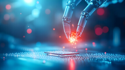 Poster - A robotic hand delicately interacts with a smartphone, showcasing the fusion of technology and innovation.