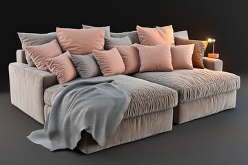 Wall Mural - A cozy sectional sofa with cushions and a throw blanket, ideal for relaxation and comfort.