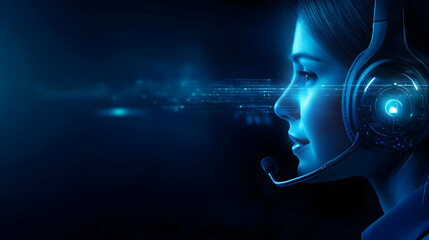 Poster - A side profile of a woman wearing a headset, engaged in a virtual environment with blue digital elements.