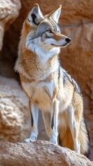 Wall Mural - A coyote stands majestically on a rock, showcasing its fur and keen expression.