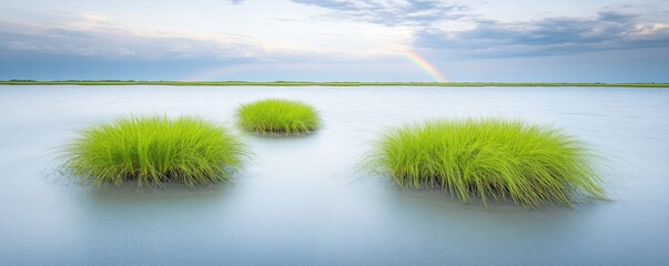 Wall Mural - Tranquil landscape featuring grass clumps in water under a rainbow.