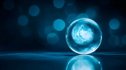 Poster - A stunning, crystal-clear sphere reflecting soft blue light, creating an ethereal atmosphere.