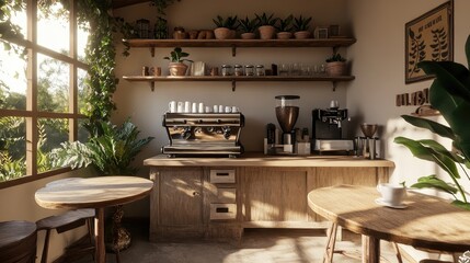 Sticker - Cozy coffee shop interior with plants and wooden furniture.