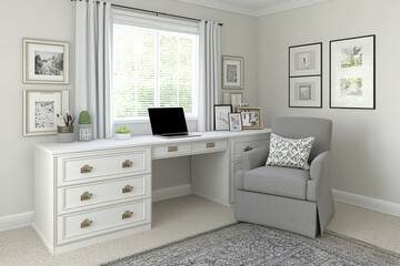 Wall Mural - A cozy home office featuring a desk, chair, and decorative wall art.