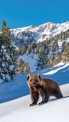 Wall Mural - A wolverine stands on snow with mountains in the background, showcasing a winter landscape.