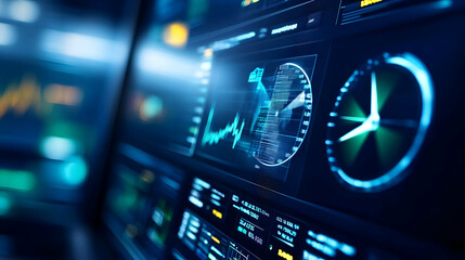 Poster - Close-up of a high-tech interface displaying data and analytics on a futuristic screen.
