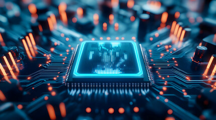 Poster - Close-up of a vibrant microchip with glowing circuits, showcasing modern technology in a captivating detail.