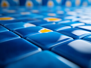 Poster - Close-up of vibrant blue and yellow tiles creating an artistic pattern with glossy finish and rich textures.
