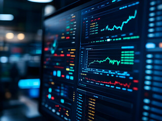 Poster - Close-up of stock market data analysis on a computer screen with financial graphs and digital indicators.