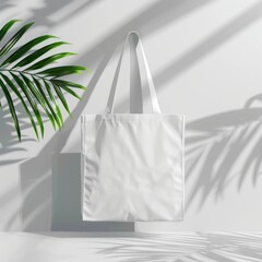 Wall Mural - Blank white tote bag mockup against white wall with palm leaf shadow.