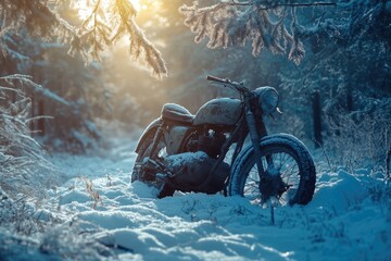 Wall Mural - Vintage motorcycle covered in snow, parked in a winter forest at sunrise.