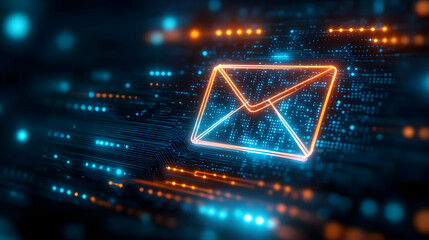 Poster - Innovative digital communication concept depicting a glowing envelope against a backdrop of data streams.