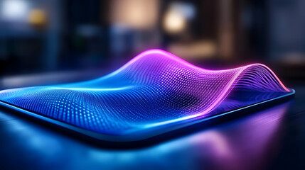 Poster - Innovative illuminated wave design showcasing vibrant blue and pink colors, ideal for modern tech backgrounds.
