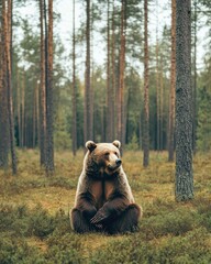 Wall Mural - A bear sitting calmly in a serene forest setting, surrounded by tall trees and greenery.