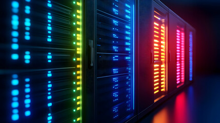 Poster - Stunning close-up of illuminated server racks showcasing advanced technology and vibrant lighting.