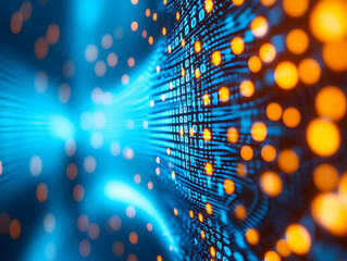 Poster - Vibrant abstract technology background with glowing blue and orange particles representing digital connections.