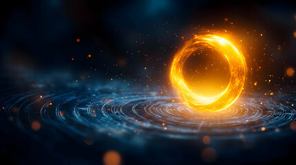 Poster - Vibrant glowing sphere on a swirling blue background creates a mesmerizing visual effect for graphic design projects.