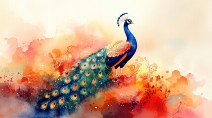 Wall Mural - A vibrant watercolor depiction of a peacock amidst colorful abstract splashes.