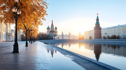 Autumn Sunrise, Moscow Kremlin Riverwalk, Reflections, Tourist Travel.