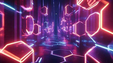 Poster - Neon Hexagon Corridor Futuristic Digital Art