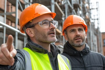 Poster - Two construction workers in hard hats discuss a project site, pointing out details amidst scaffolding and building materials.