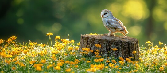 Wall Mural - Barn owl perched on a tree stump amidst a field of yellow wildflowers, bathed in sunlight.