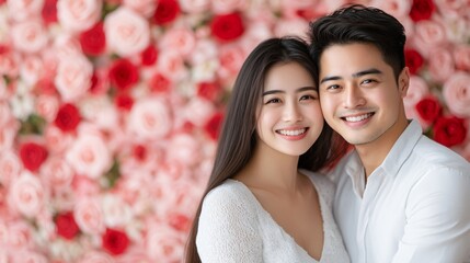 Wall Mural - A joyful couple smiles together in front of a vibrant floral backdrop, radiating love and happiness.