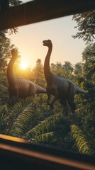 Wall Mural - Two dinosaurs walking through a lush forest at sunset.