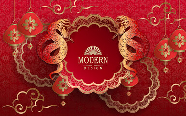 Wall Mural - Happy Chinese New Year, red illustration with isolated snakes and figured frame.