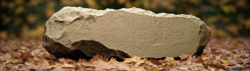 Wall Mural - A large, smooth rock sits on a bed of autumn leaves in a natural setting.