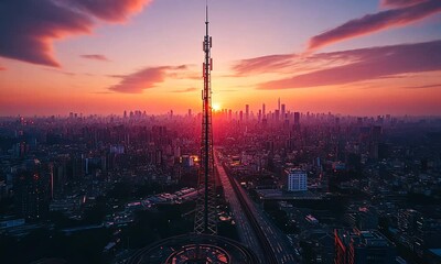 Wall Mural - Vibrant Sunset Over Cityscape with Tower Silhouette