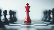 © pattozher - Red King Chess Piece Strategy: A single, prominent red chess king stands defiantly amidst a blurred background of black chess pieces, symbolizing leadership, strategy.