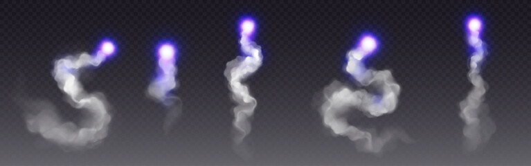 Wall Mural - rocket launch smoke trails with glowing purple engine flames - curling white exhaust streams, lumino