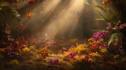 Wall Mural - A serene forest scene illuminated by soft rays of sunlight, showcasing vibrant flowers and foliage.