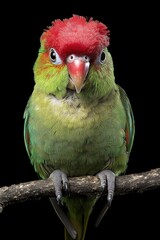 Wall Mural - A vibrant green parrot with a red crest perched on a branch against a black background.