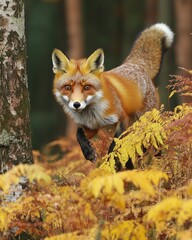 Wall Mural - A fox navigating through vibrant autumn foliage in a forest setting.