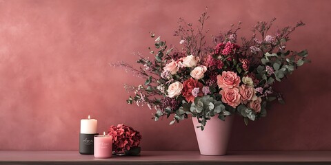 Wall Mural - romantic valentine floral arrangement on a pastel pink table with candles