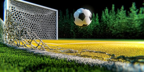 A soccer ball is flying towards the goal on a vibrant field surrounded by trees.